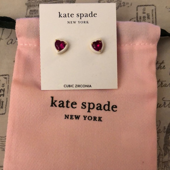 Kate Spade Sweetheart Heart Shaped Stud Earrings White Frame Red CZ Accent NWT - Picture 10 of 14